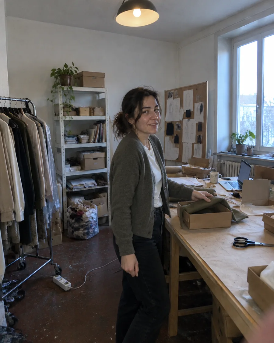 Elisa nel suo piccolo studio di moda, mentre sistema un tessuto verde in una scatola accanto al tavolo di lavoro