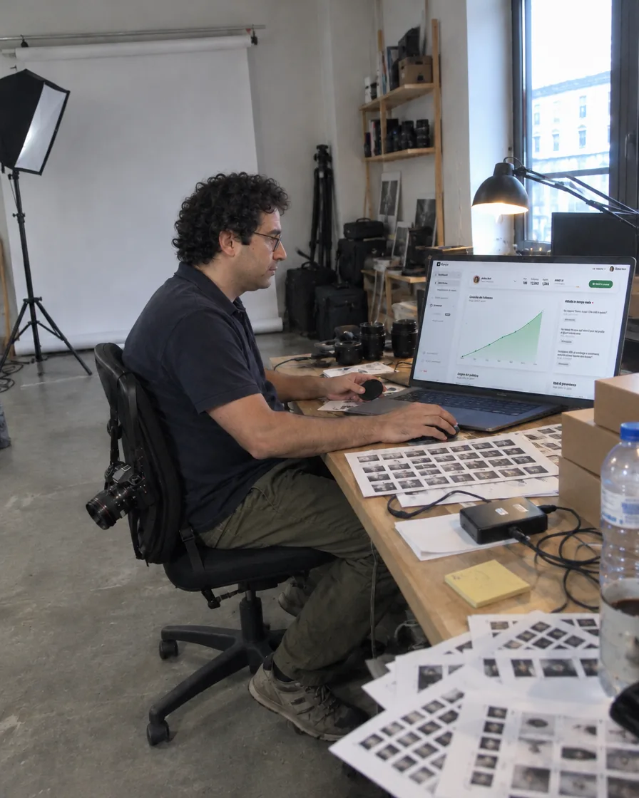 Luca nel suo studio fotografico, al lavoro alla scrivania con il laptop aperto sulla dashboard di Oplyo
