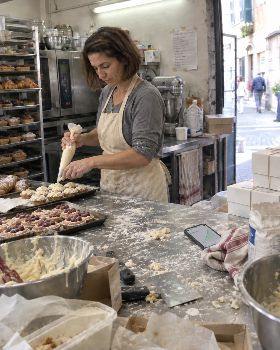 Marta nel suo laboratorio di pasticceria mentre decora delle tartellette con la sac à poche, con il telefono appoggiato sul banco